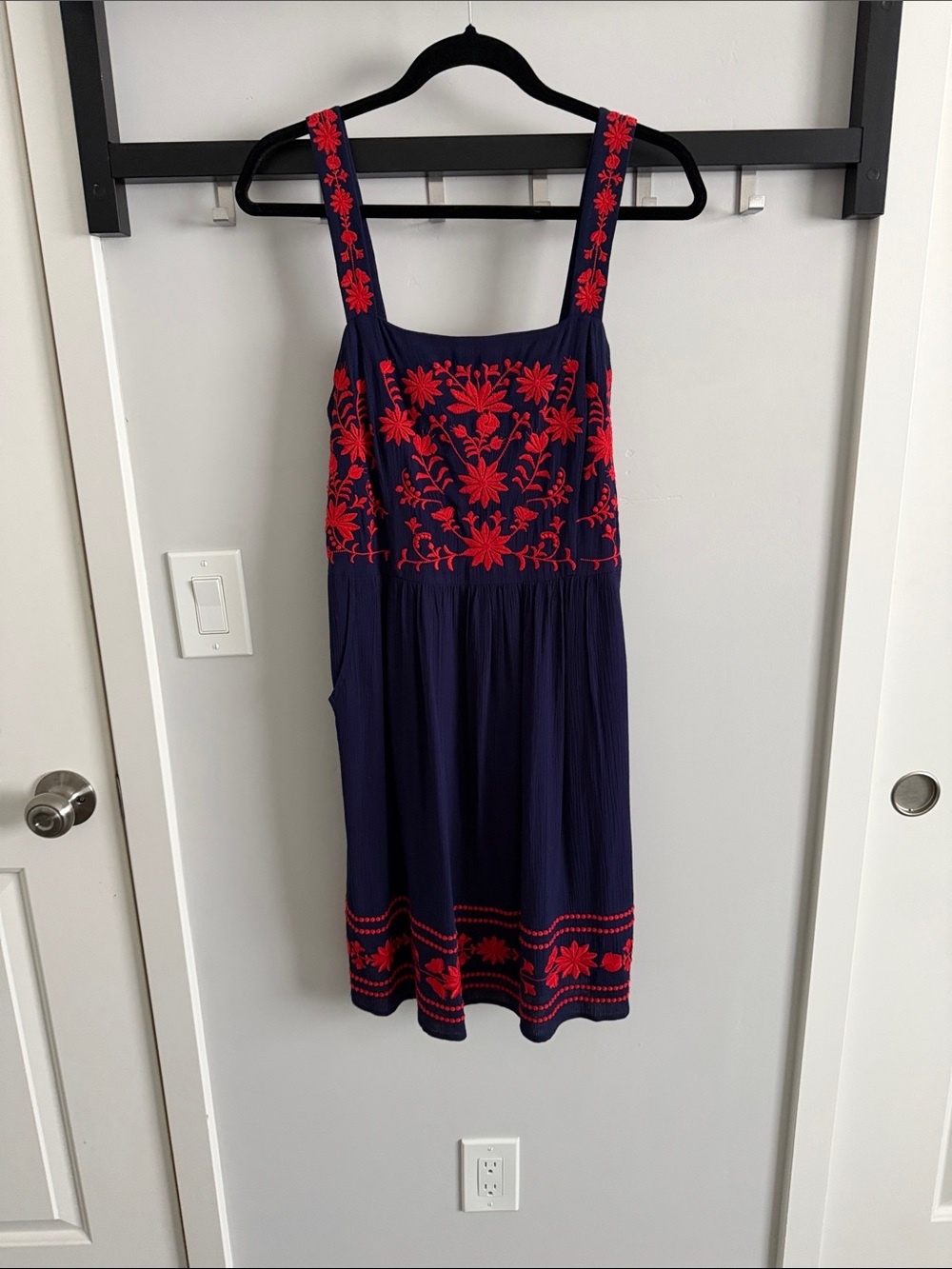Sleeveless Navy Dress with Red Floral Embroidery